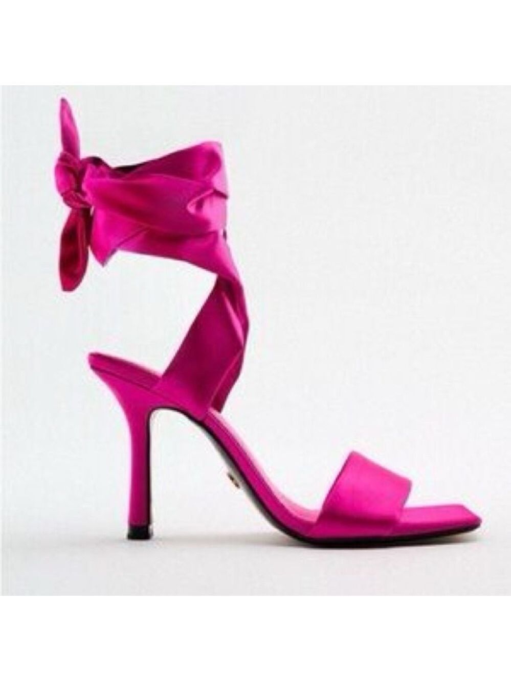 Zara fuchsia hot pink satin ankle-tie heeled sandals square toe Sz 40 open toe